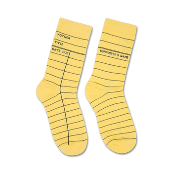 library card yellow crew socks for men and women with black lines to resemble a library card.  