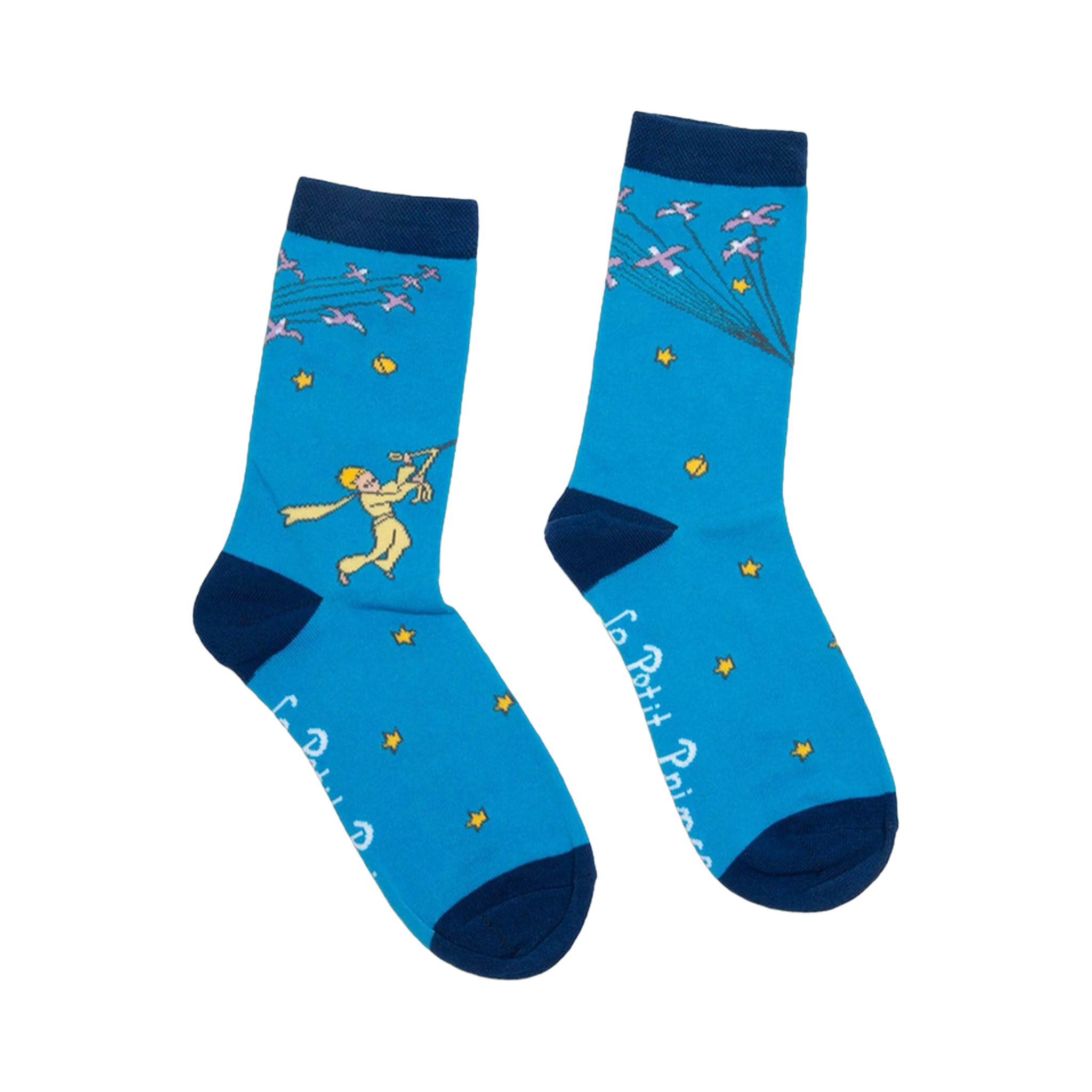 Pair of blue crew socks with navy cuffs.  Features The Little Prince illustration, flock of birds, and gold stars. 