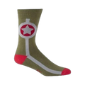 Olive green crew socks with a red and white star design.  Features a central circular graphic with a star in the middle, accented with light grey stripes.