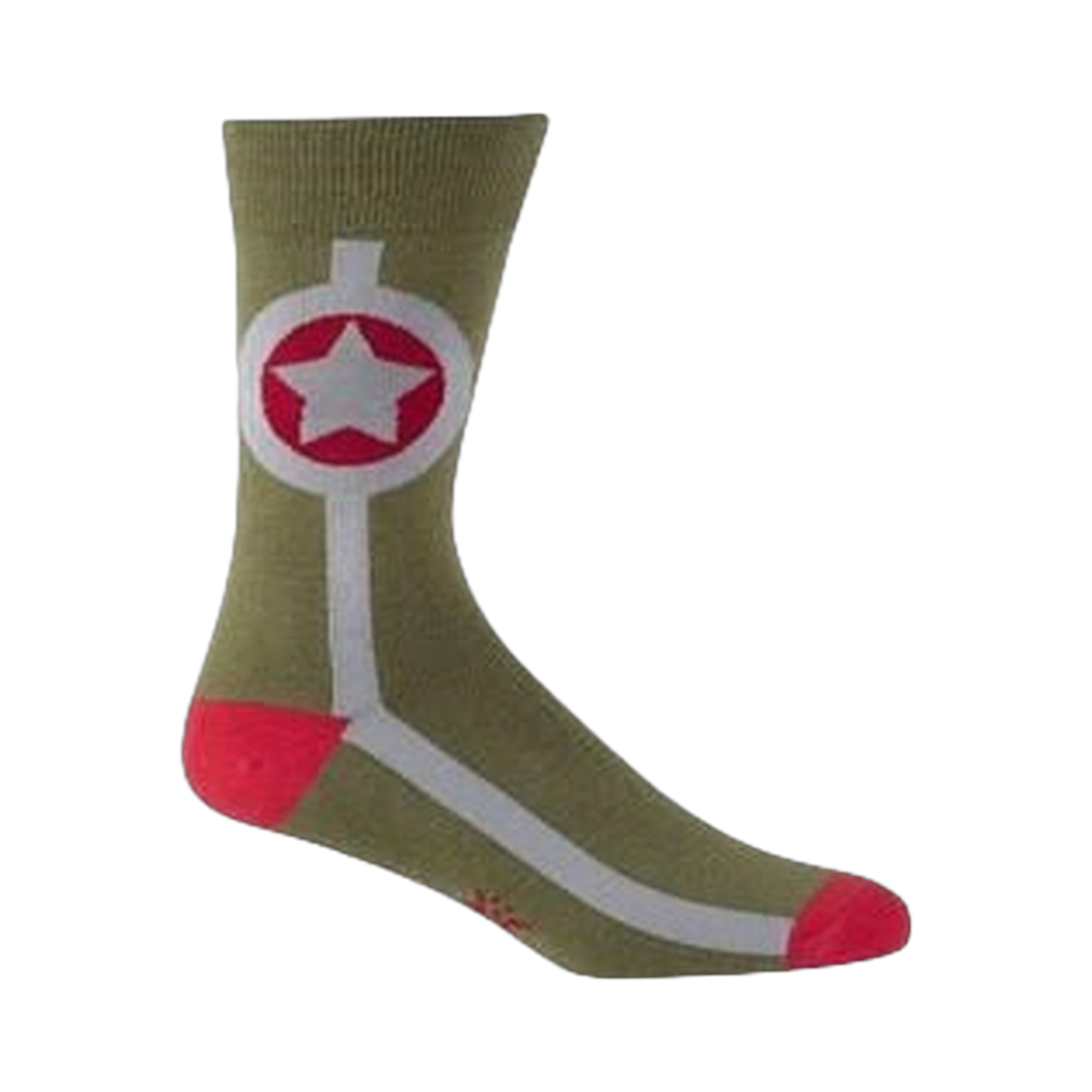 Olive green crew socks with a red and white star design.  Features a central circular graphic with a star in the middle, accented with light grey stripes.