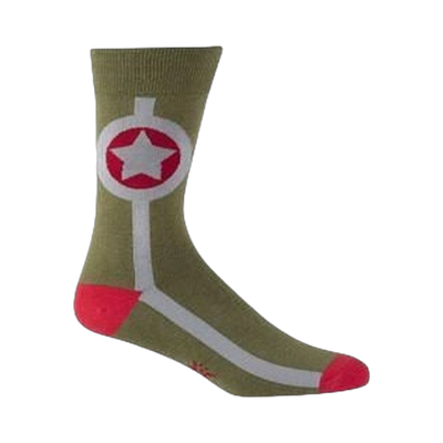 Olive green crew socks with a red and white star design.  Features a central circular graphic with a star in the middle, accented with light grey stripes.