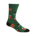 Green crew socks with a fun BBQ theme. Features illustrations of beer cans, roasted chickens, and grills.