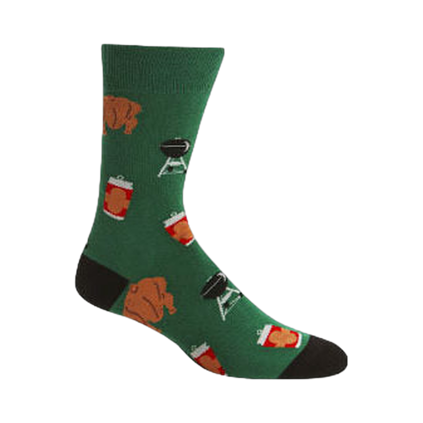 Green crew socks with a fun BBQ theme. Features illustrations of beer cans, roasted chickens, and grills.