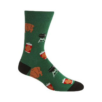 Green crew socks with a fun BBQ theme. Features illustrations of beer cans, roasted chickens, and grills.