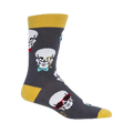 Gray crew socks with a repeating pattern of skulls wearing sunglasses and bow ties. Yellow cuff detail.