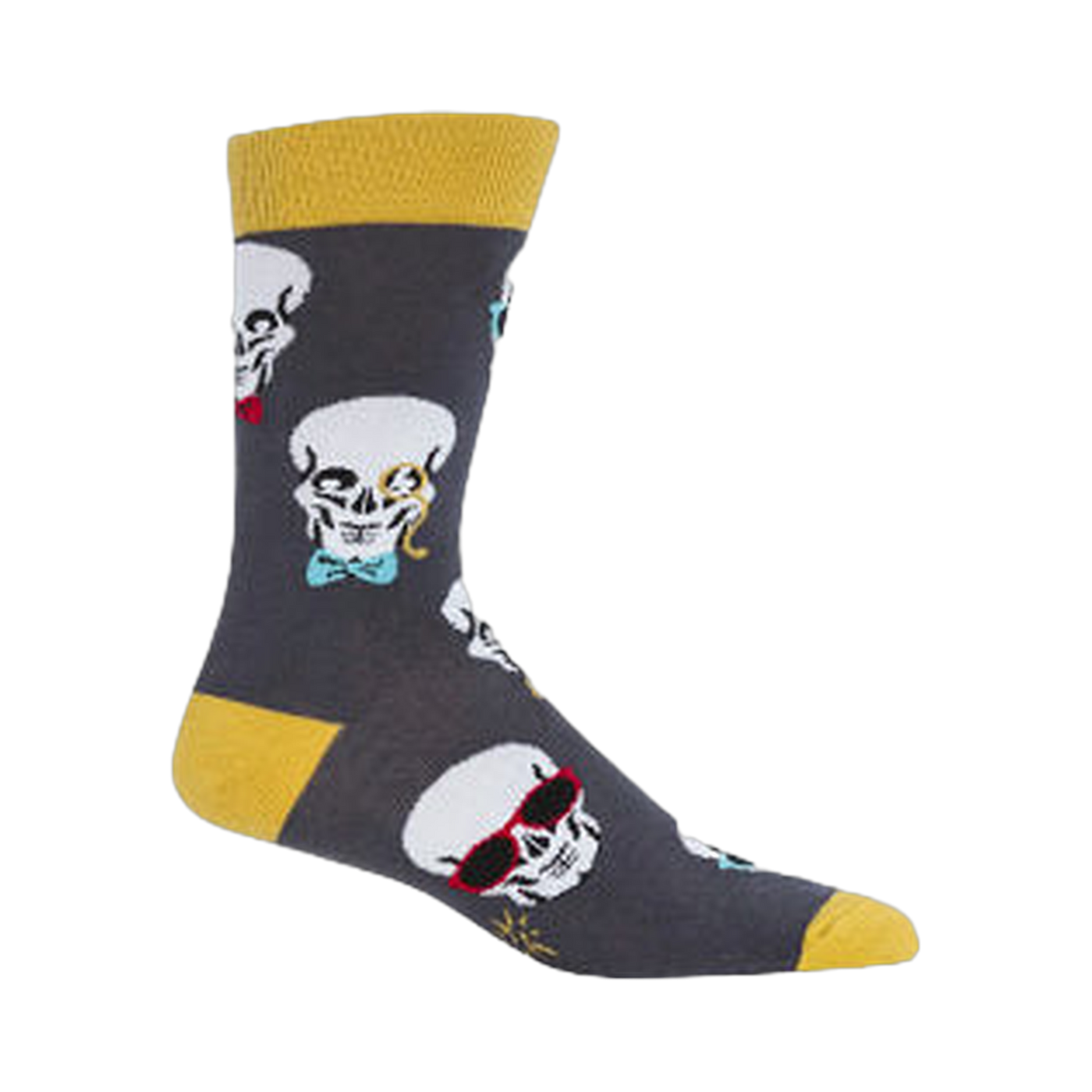 Gray crew socks with a repeating pattern of skulls wearing sunglasses and bow ties. Yellow cuff detail.