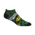 Ankle socks in dark green with black polka dots and a comic book-style "WHACK" design in yellow and red.