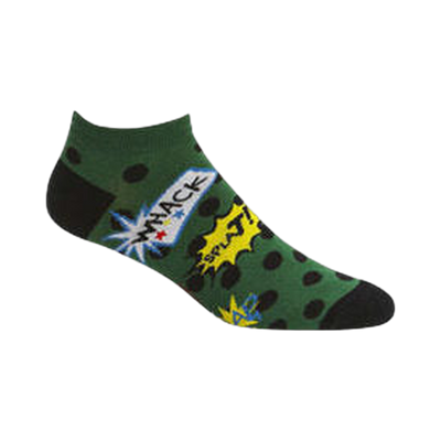 Ankle socks in dark green with black polka dots and a comic book-style "WHACK" design in yellow and red.