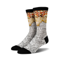 Pair of crew socks with a burrito design. The socks are primarily silver, depicting crumpled foil, with a detailed burrito image at the top.
