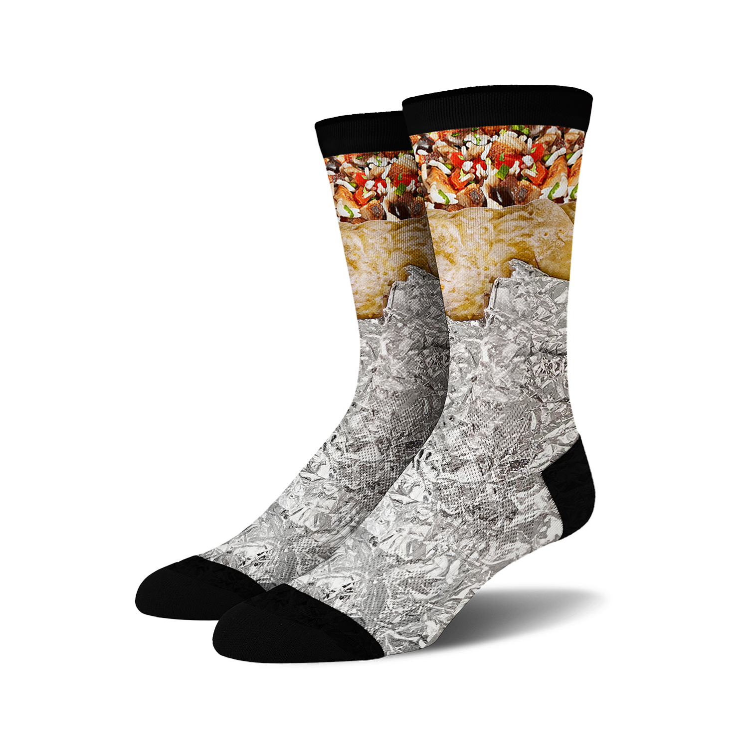 Pair of crew socks with a burrito design. The socks are primarily silver, depicting crumpled foil, with a detailed burrito image at the top.