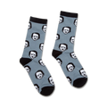 Pair of crew socks in dusty blue with a repeating pattern of Edgar Allan Poe's black and white portrait. Black cuffs and toes.