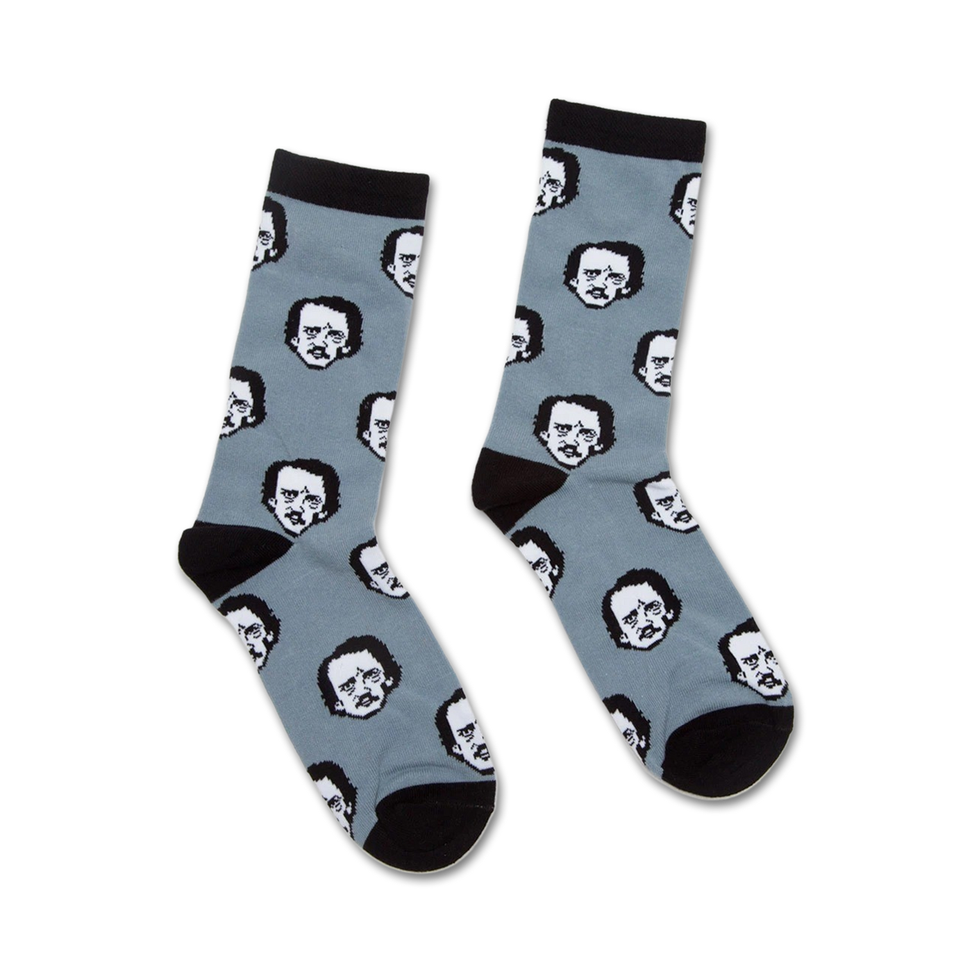 Pair of crew socks in dusty blue with a repeating pattern of Edgar Allan Poe's black and white portrait. Black cuffs and toes.