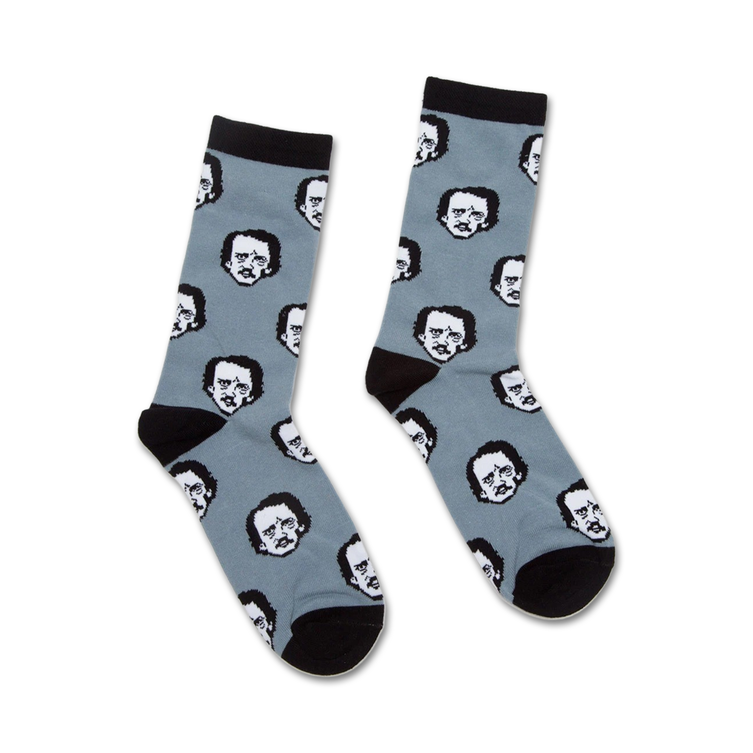 Pair of crew socks in dusty blue with a repeating pattern of Edgar Allan Poe's black and white portrait. Black cuffs and toes.