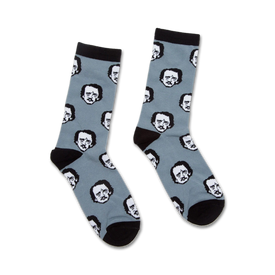 novelty, crew socks with black-and-white, cartoonish edgar allan poe print pattern for men and women   