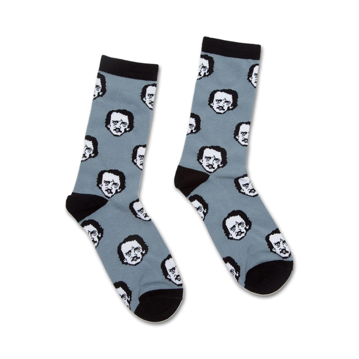novelty, crew socks with black-and-white, cartoonish edgar allan poe print pattern for men and women    }}