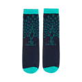 Pair of navy blue crew socks with teal accents and a peacock design. 'Pride and Prejudice' is subtly printed on each sock.