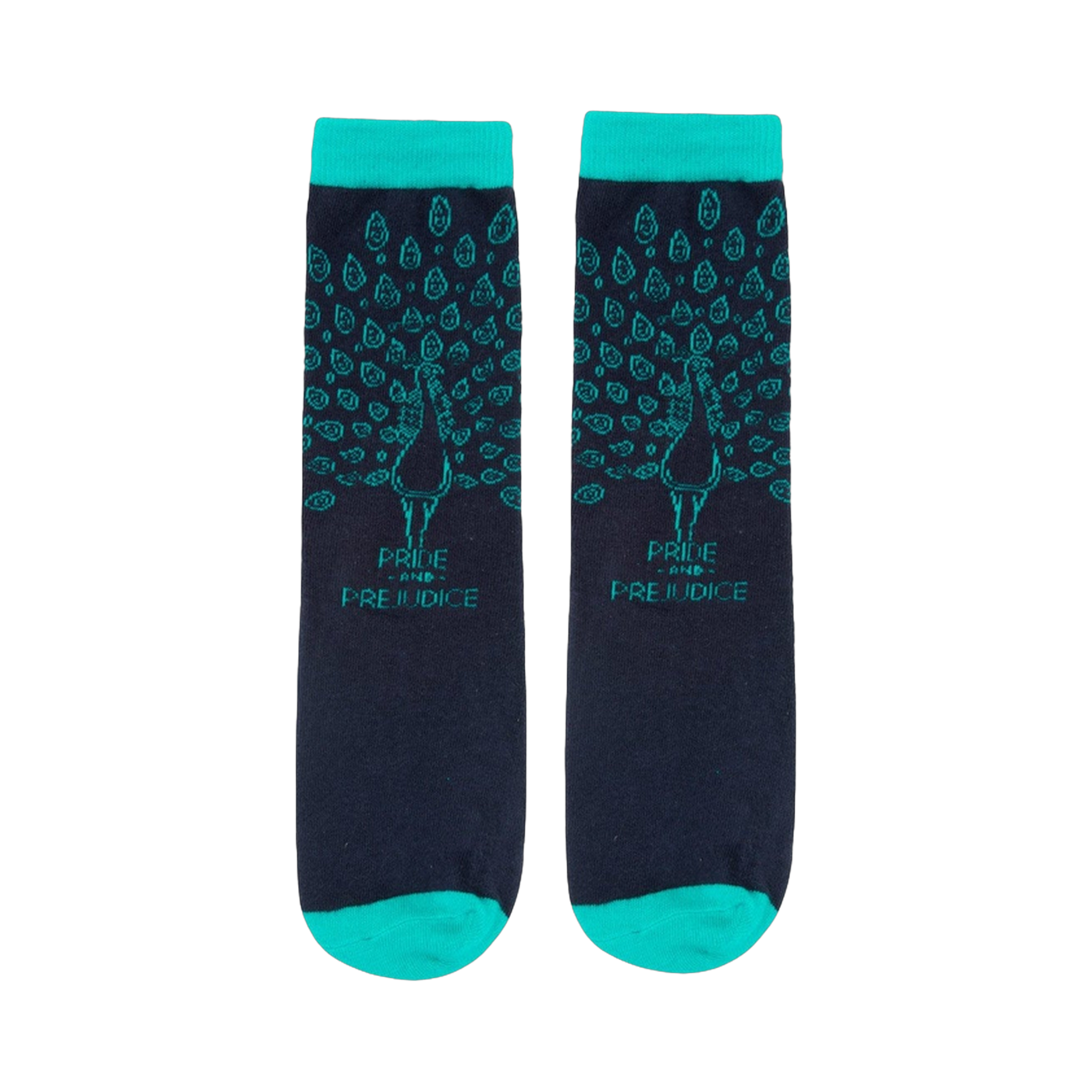 Pair of navy blue crew socks with teal accents and a peacock design. 'Pride and Prejudice' is subtly printed on each sock.