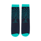 Pair of navy blue crew socks with teal accents and a peacock design. 'Pride and Prejudice' is subtly printed on each sock.