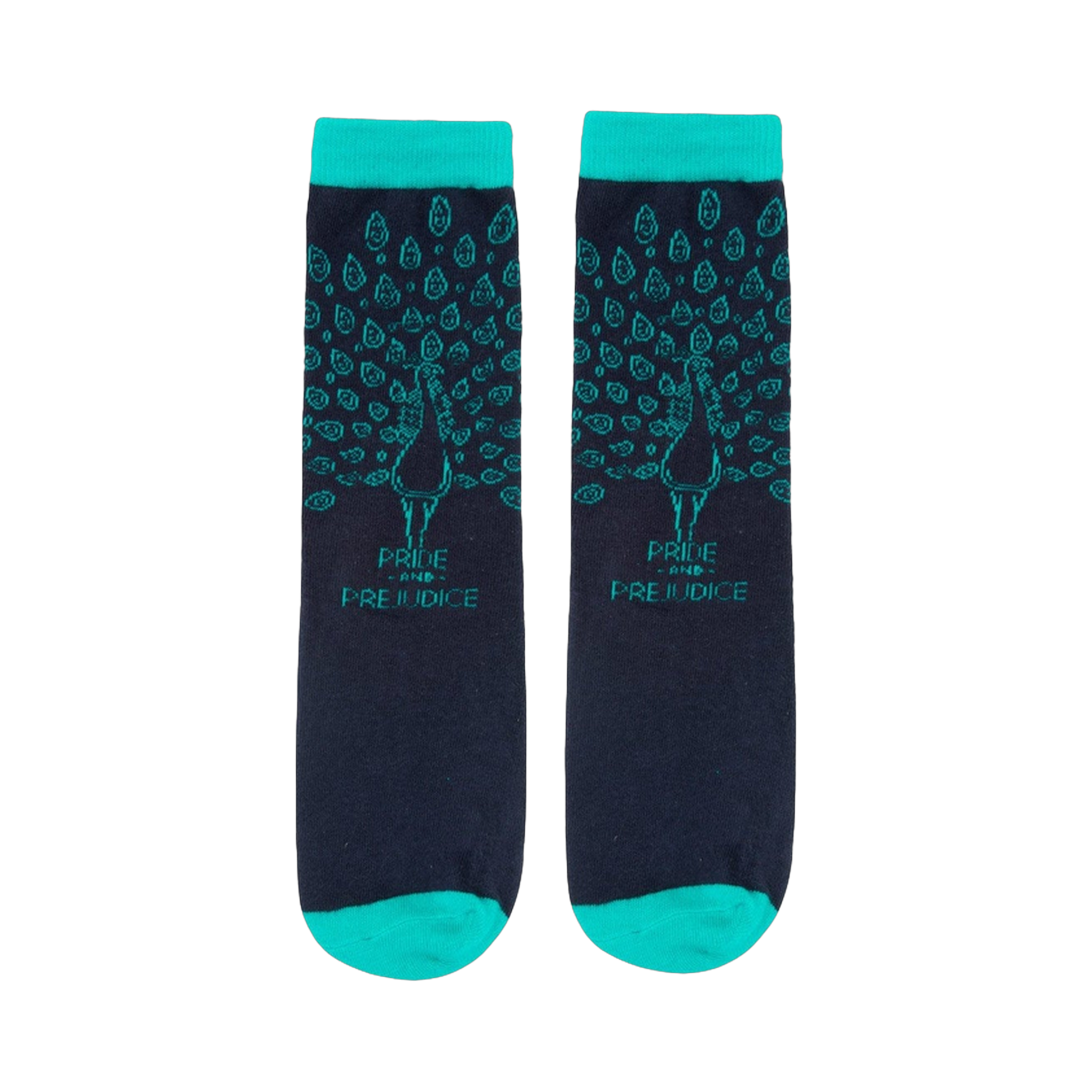 Pair of navy blue crew socks with teal accents and a peacock design. 'Pride and Prejudice' is subtly printed on each sock.