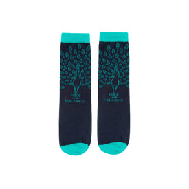 crew socks with a peacock feather pattern and the words "pride" and "prejudice" for men and women.  