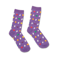 Pair of purple crew socks featuring a whimsical pattern of white unicorns reading rainbow-colored books.