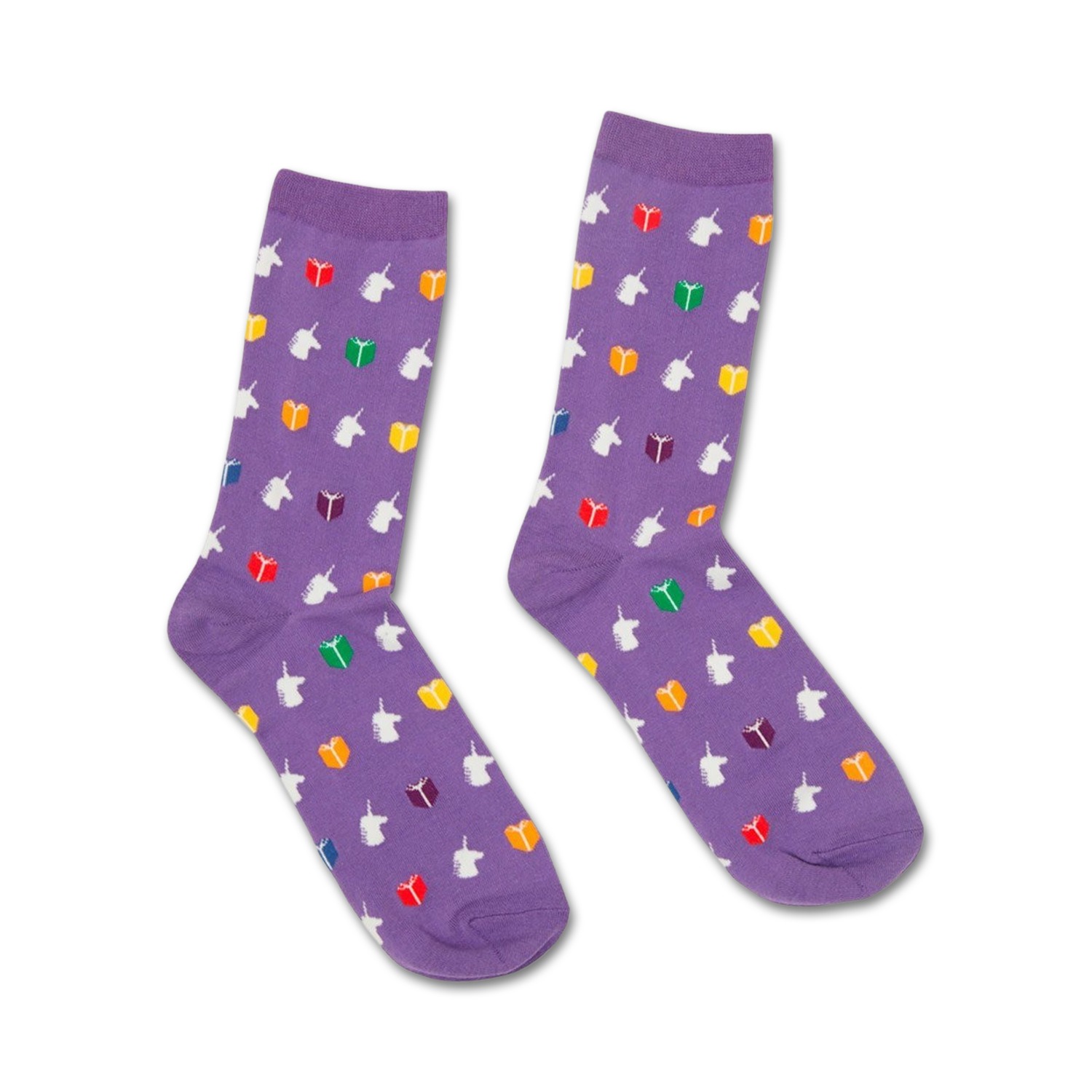 Pair of purple crew socks featuring a whimsical pattern of white unicorns reading rainbow-colored books.