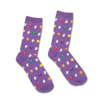 purple crew socks with multi-colored unicorns and books pattern, for men and women, literary-themed.   