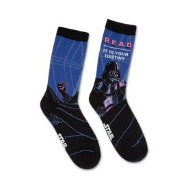 black and blue star wars darth vader crew socks with "read...it's your destiny" text. for men and women.  