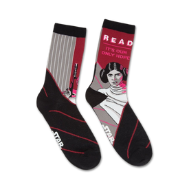 black star wars socks with leia holding a gun and white text that says "read...it's our only hope"   