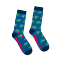 Pair of teal crew socks with a repeating pattern of green frogs sticking out their tongues.  Features pink text on the bottom of each sock.
