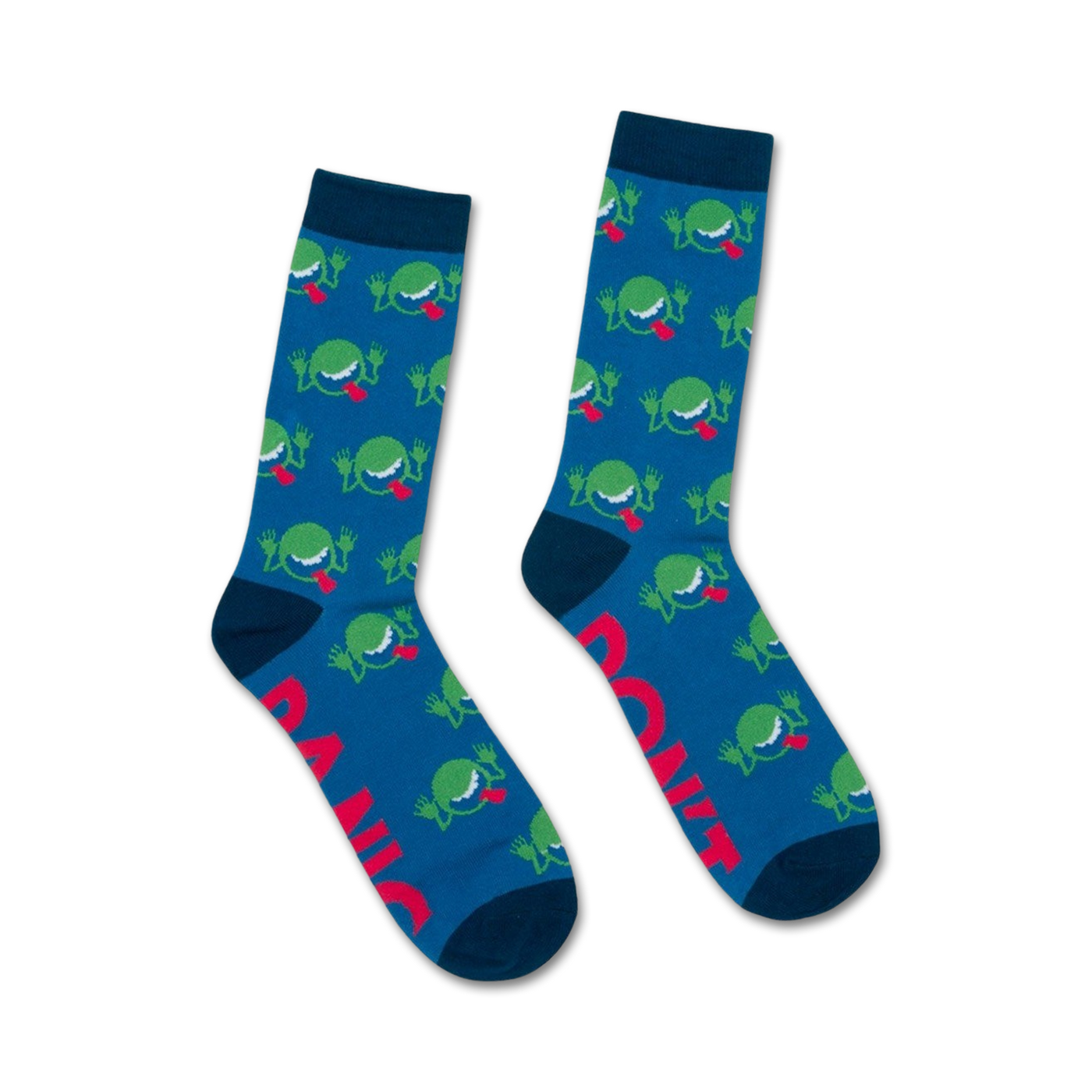 Pair of teal crew socks with a repeating pattern of green frogs sticking out their tongues.  Features pink text on the bottom of each sock.