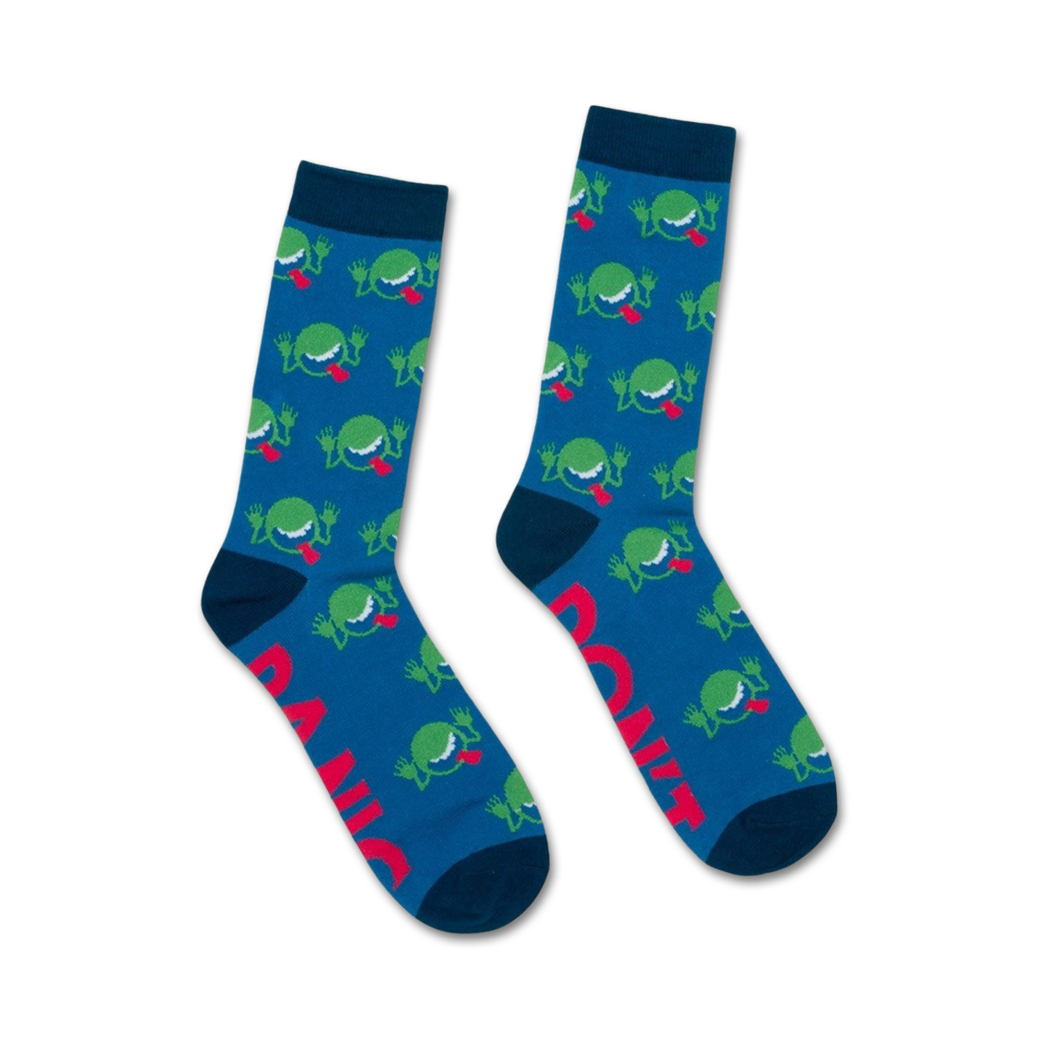 Pair of teal crew socks with a repeating pattern of green frogs sticking out their tongues.  Features pink text on the bottom of each sock.