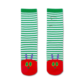 green and white striped crew socks with a caterpillar face on each toe and two purple antennae.   