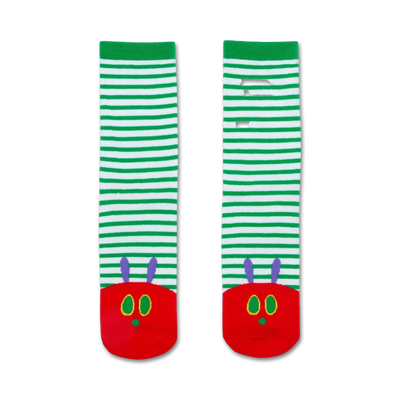 green and white striped crew socks with a caterpillar face on each toe and two purple antennae.   