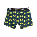 Dark teal men's boxer briefs with a repeating pattern of green T-Rex dinosaurs in yellow circles. The waistband says 'SOCK it to me'.