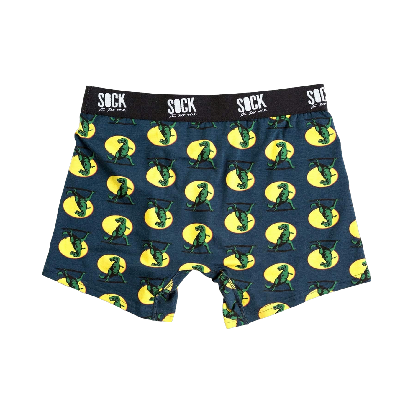 Dark teal men's boxer briefs with a repeating pattern of green T-Rex dinosaurs in yellow circles. The waistband says 'SOCK it to me'.