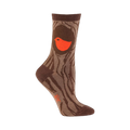 Brown crew socks with a tree trunk pattern and a bright orange robin peeking from a hole.  Fun and quirky design.
