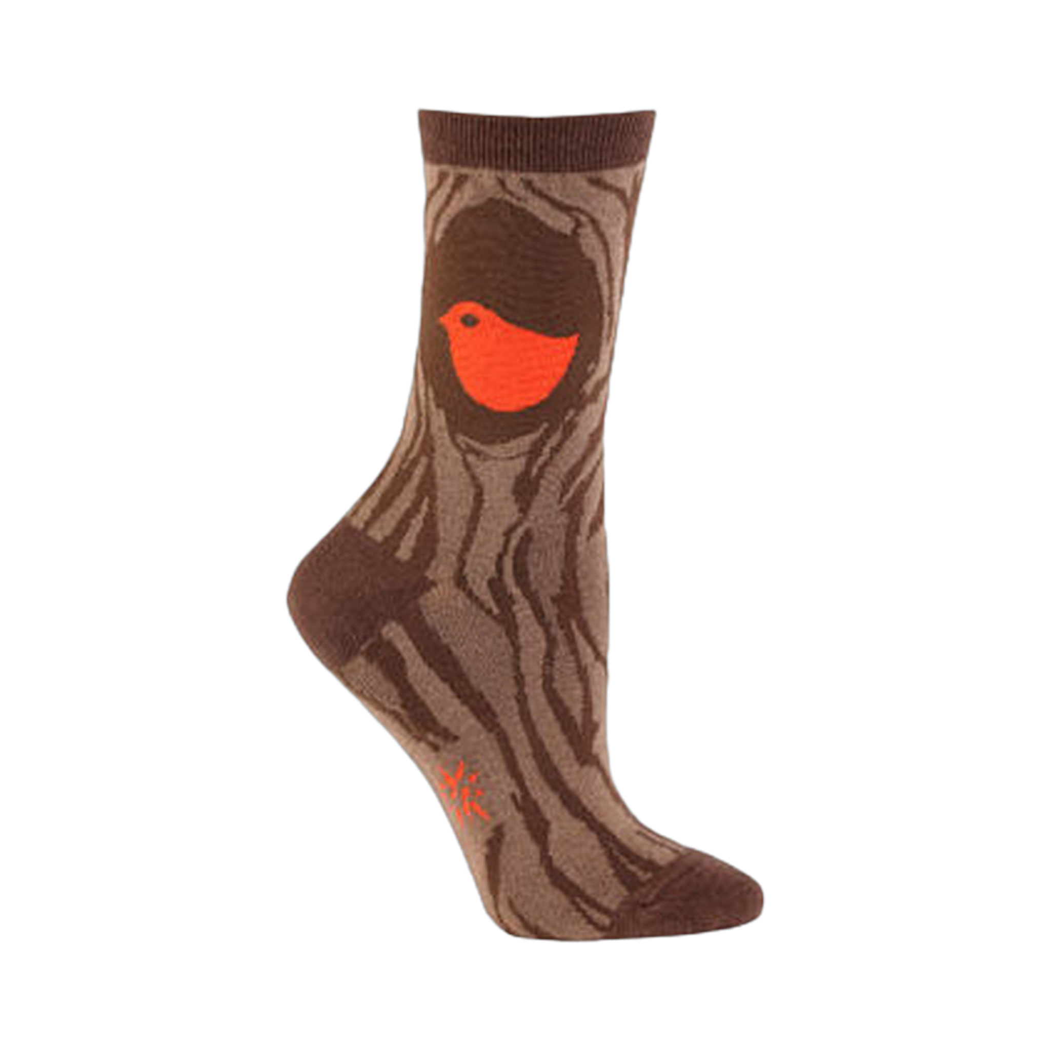 Brown crew socks with a tree trunk pattern and a bright orange robin peeking from a hole.  Fun and quirky design.