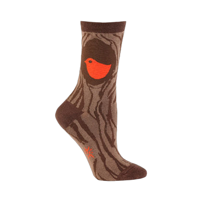 Brown crew socks with a tree trunk pattern and a bright orange robin peeking from a hole.  Fun and quirky design.