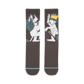 Pair of dark gray crew socks with a Where the Wild Things Are design. One sock shows the monster; the other, Max.