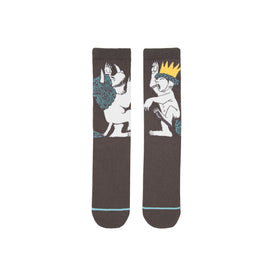 where the wild things are crew socks in dark gray with blue toe and heel, featuring max and his furry fanged friend.  