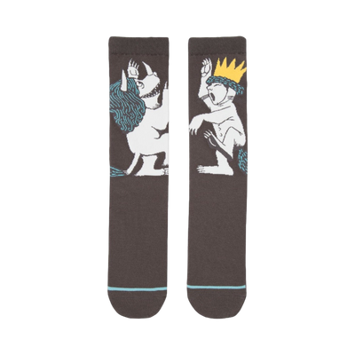Pair of dark gray crew socks with a Where the Wild Things Are design. One sock shows the monster; the other, Max.