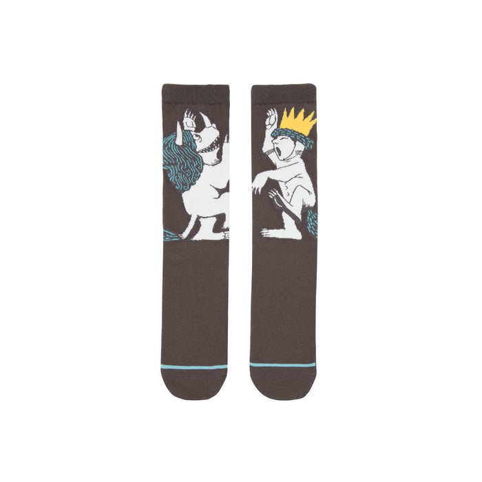 where the wild things are crew socks in dark gray with blue toe and heel, featuring max and his furry fanged friend.   }}