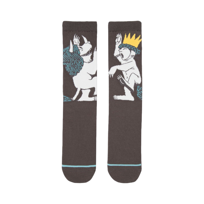 Pair of dark gray crew socks with a Where the Wild Things Are design. One sock shows the monster; the other, Max. }}