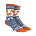 Pair of crew socks in navy blue, white, and burnt orange. Features a Fair Isle pattern with snowflakes and repeating book designs.