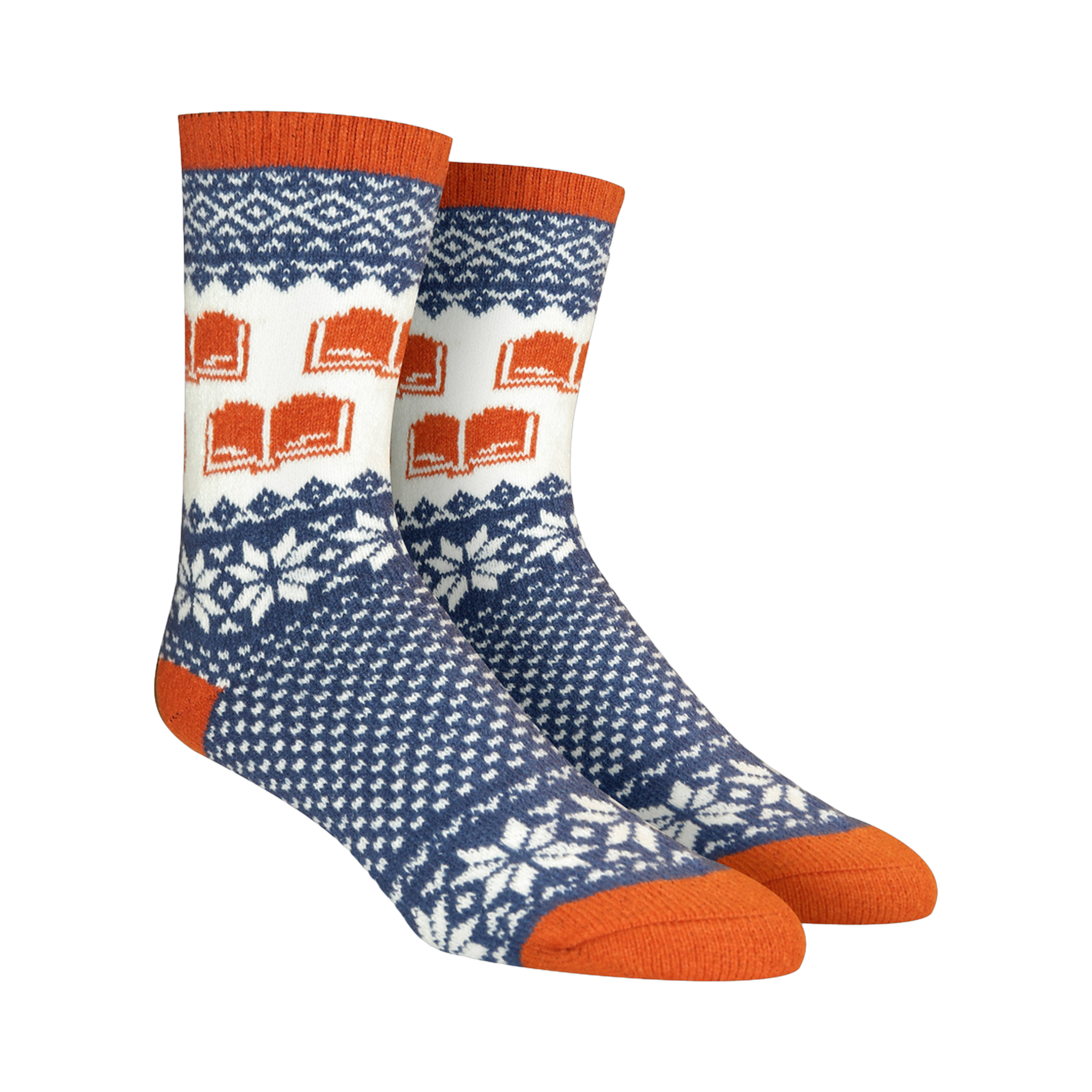 Pair of crew socks in navy blue, white, and burnt orange. Features a Fair Isle pattern with snowflakes and repeating book designs.