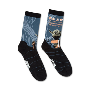 black star wars crew socks featuring yoda reading a book, with 