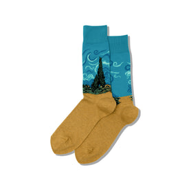 van gogh's wheat field with cypress art & literature themed mens blue novelty crew socks