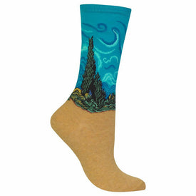 van gogh's wheat field with cypresses art & literature themed womens blue novelty crew socks