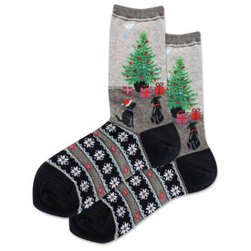 dog christmas tree fairisle christmas themed womens grey novelty crew socks